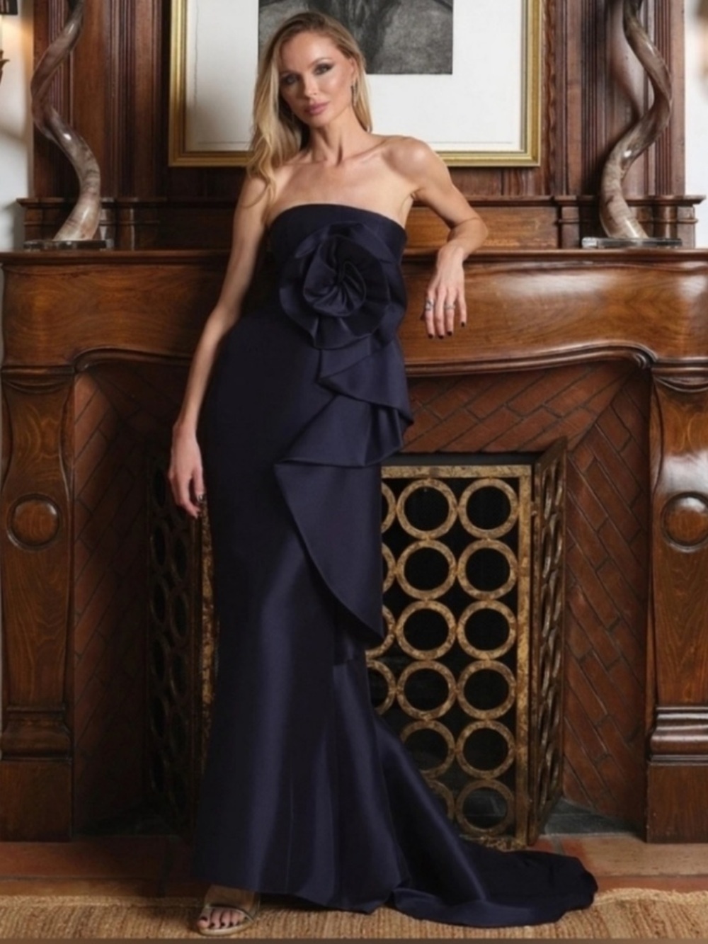 Muse by Marchesa Mikado 3D Rosette Running Side Ruffle Fit And Flare Gown Size 4